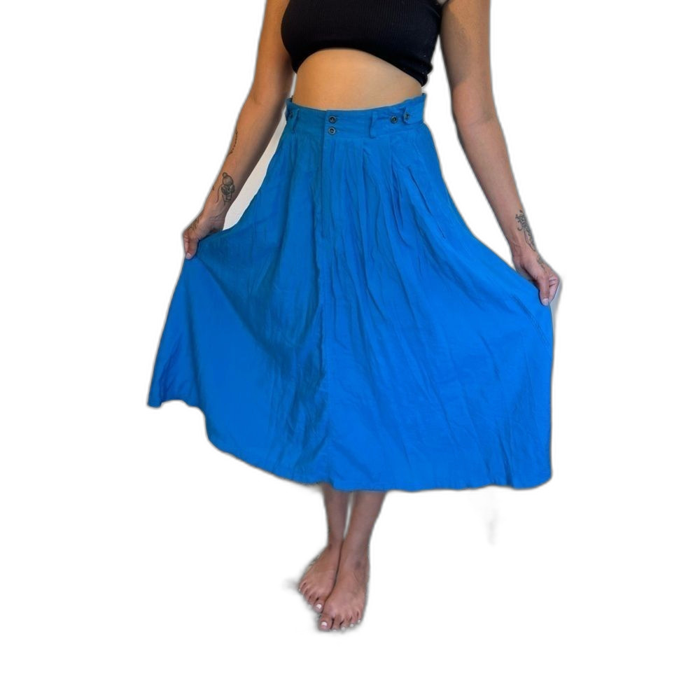 Vintage classic A line midi skirt pockets elastic waist electric blue adjustable - Picture 6 of 9